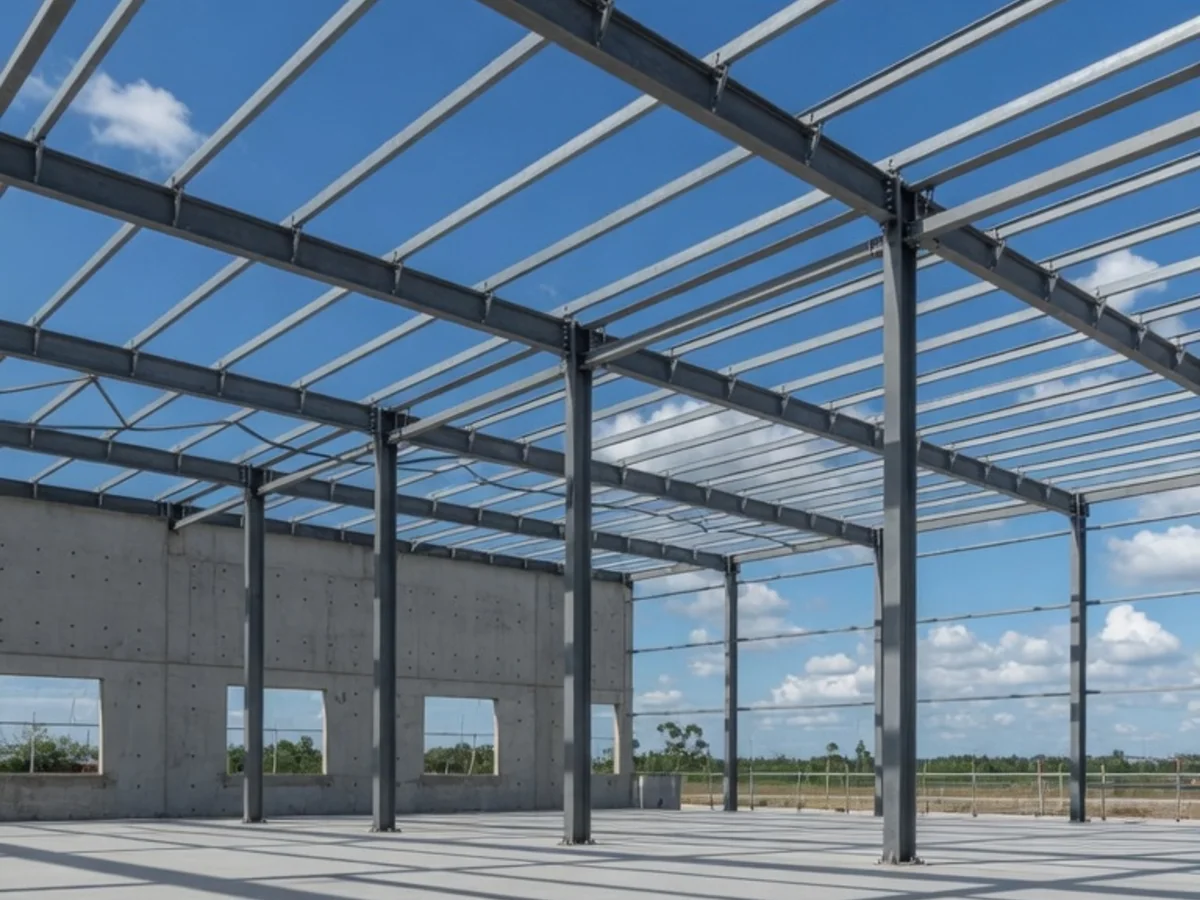 Stahlkonstruktion einer Gewerbehalle im Bau